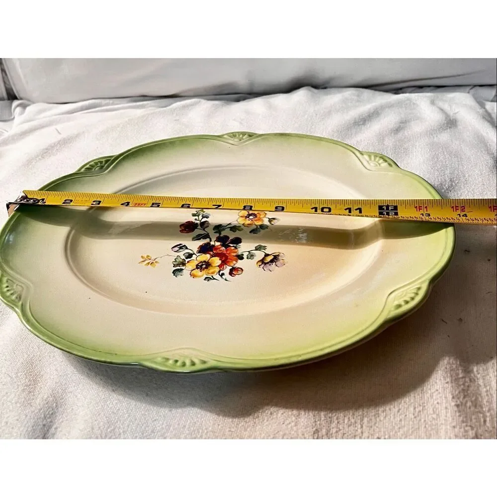 Rare Vintage 1970s Homer Laughlin Floral Platter - Green Spray Rim Pansy Bouquet